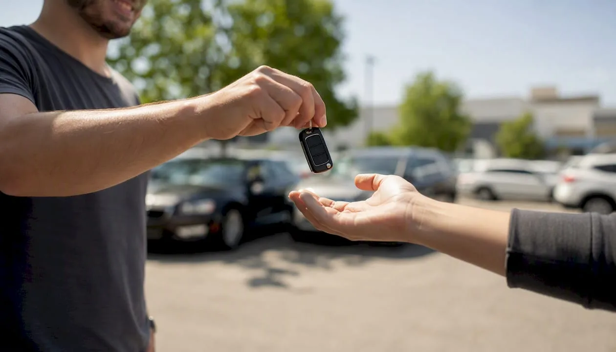 Hands exchanging car keys at dealership lot