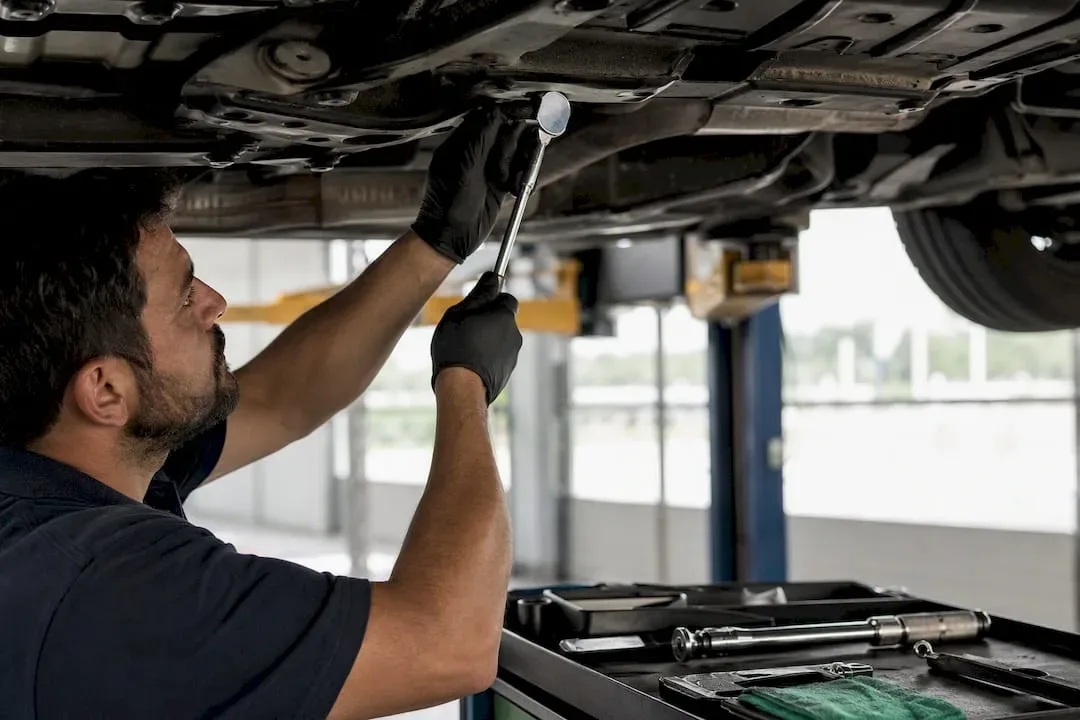 Technician inspecting used car tire tread
