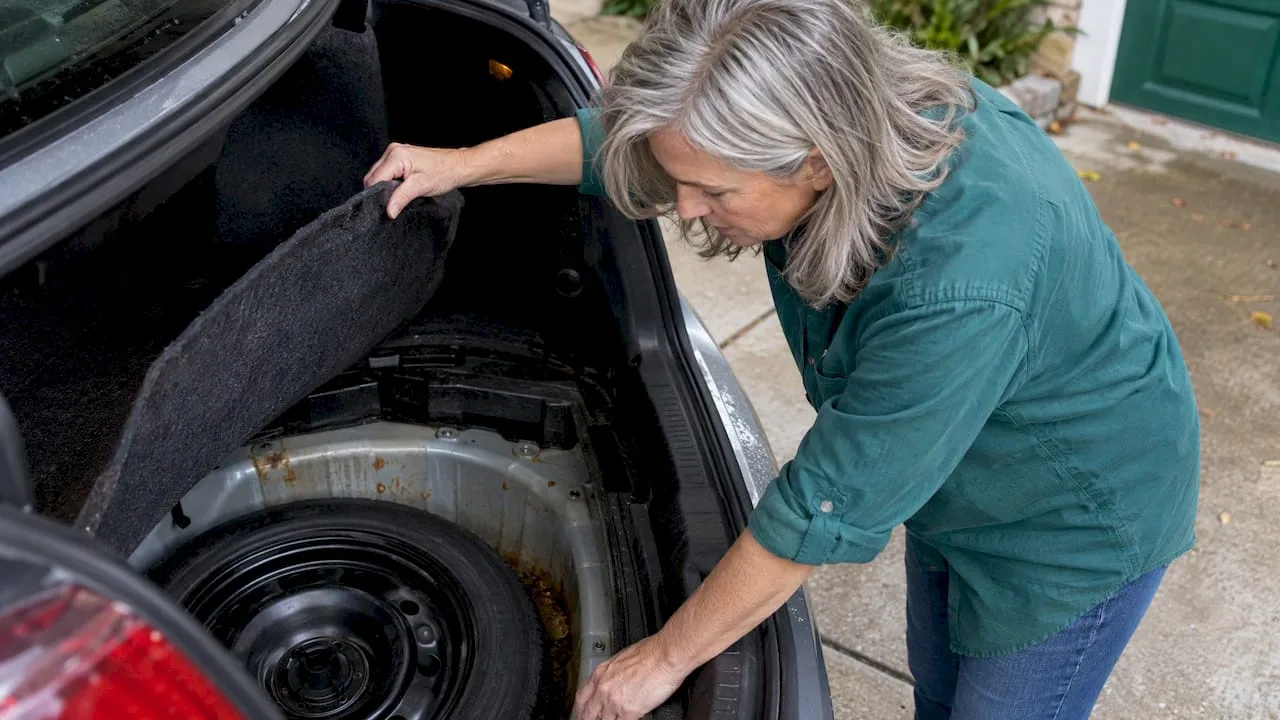 Damp carpet and rust in a spare-tire well
