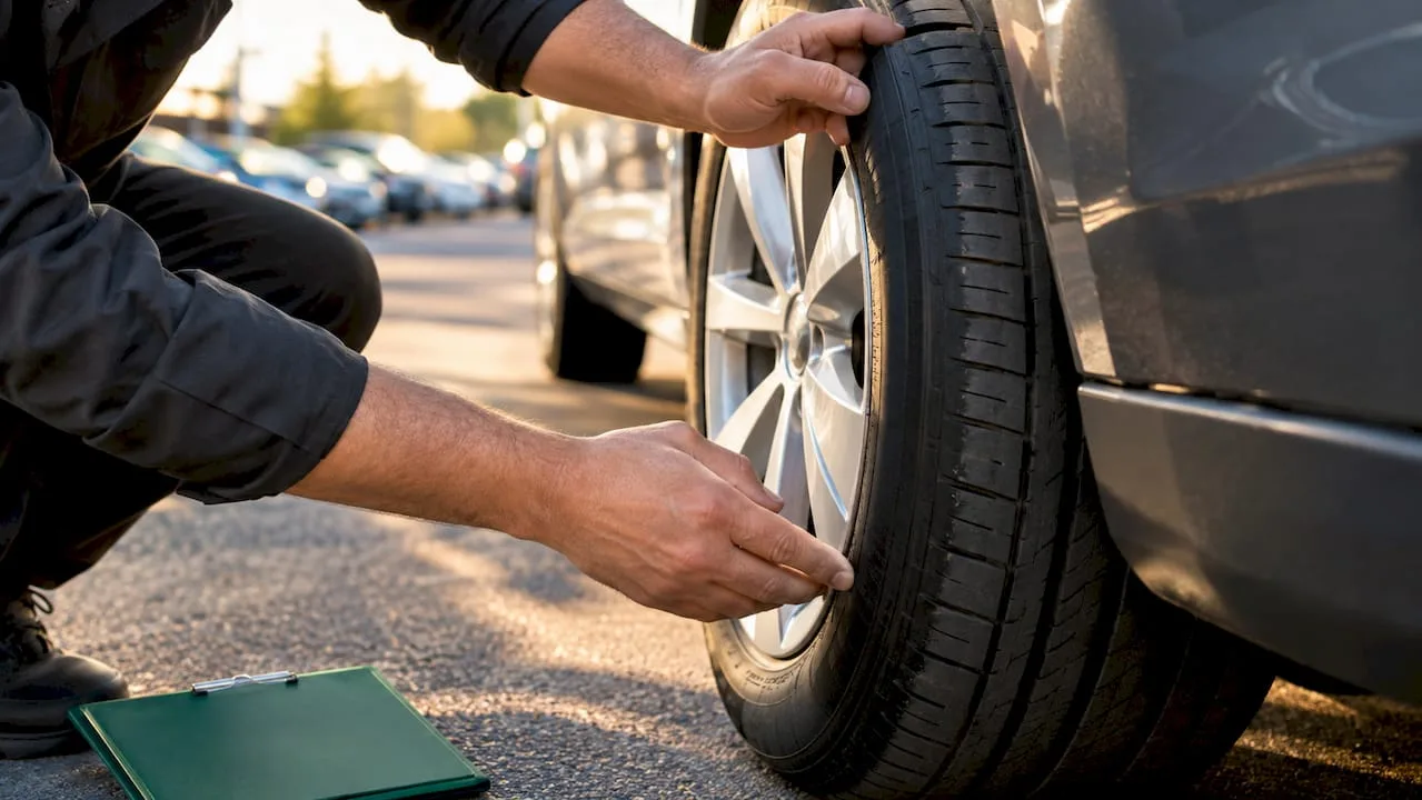 Technician inspecting used car tire