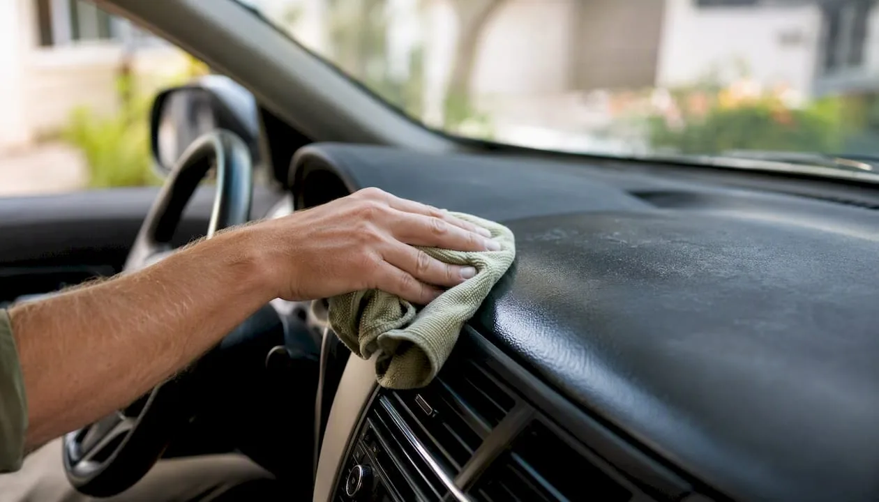Hand applying conditioner to car dashboard
