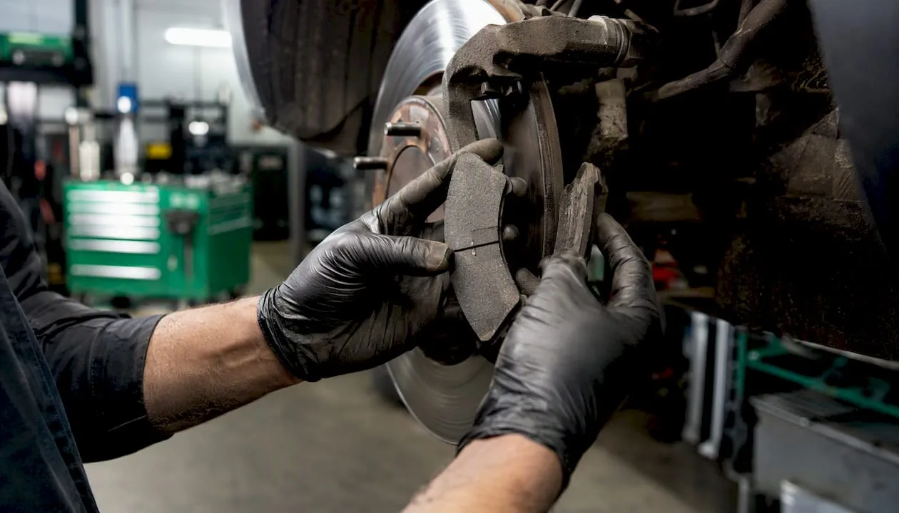 Mechanic inspecting car brakes with diagnostic tool