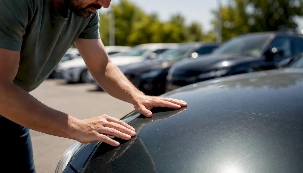 Hands inspecting used car exterior surface
