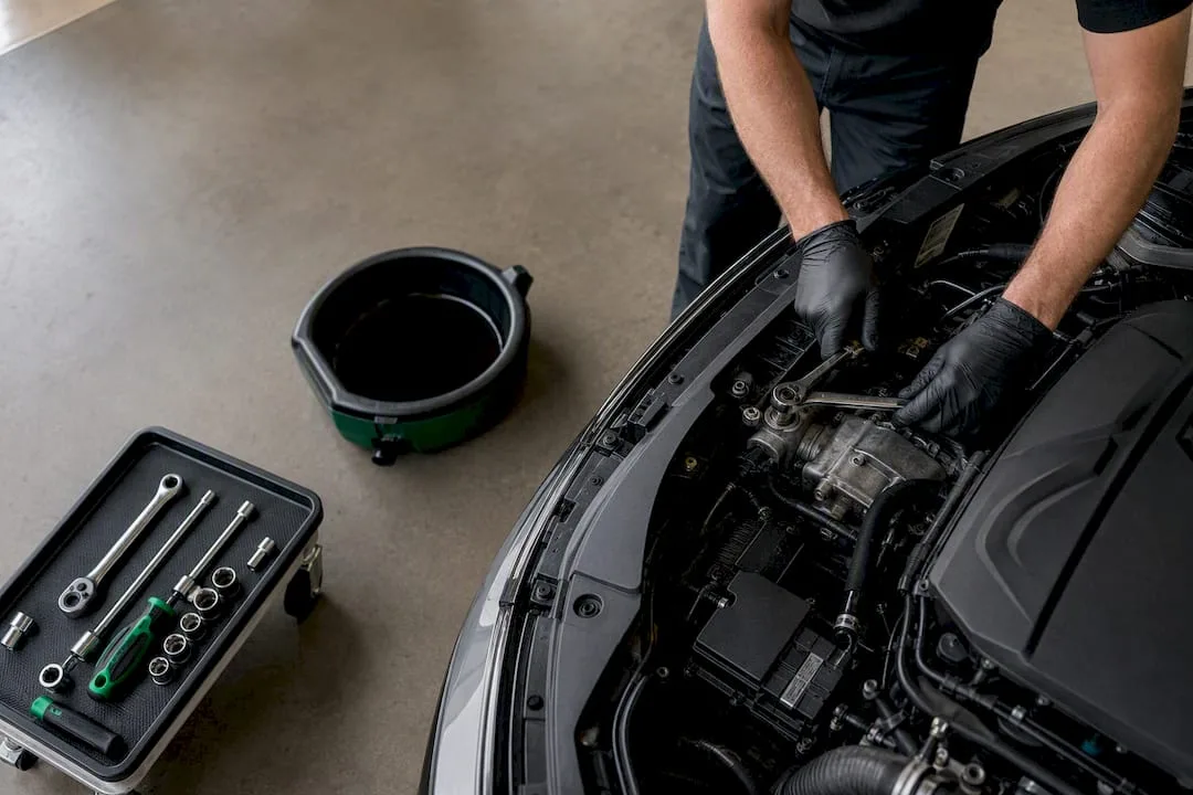 Mechanic performing CVT fluid change