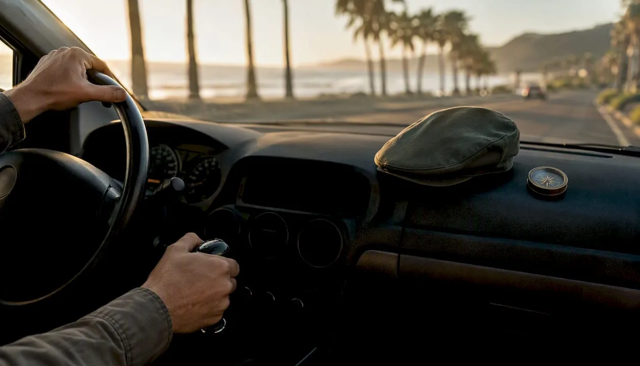 Hands on gear shift inside car with highway outside