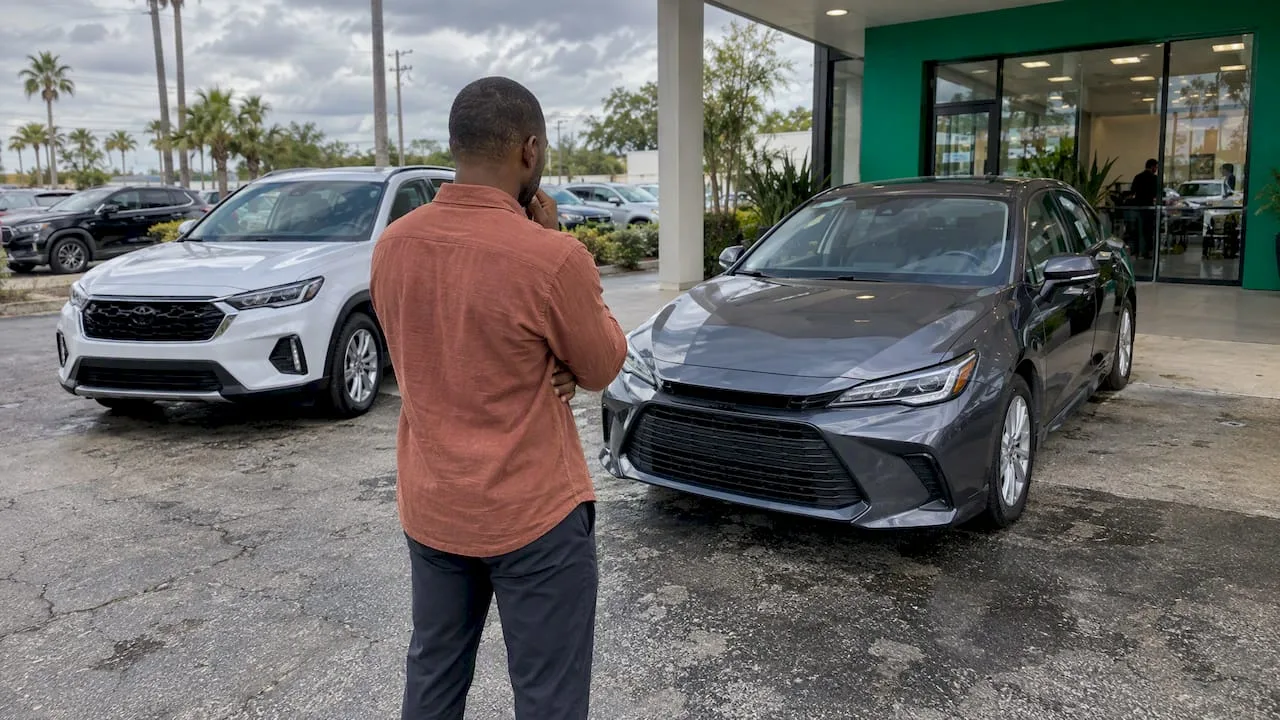 Buyer comparing used cars at dealership
