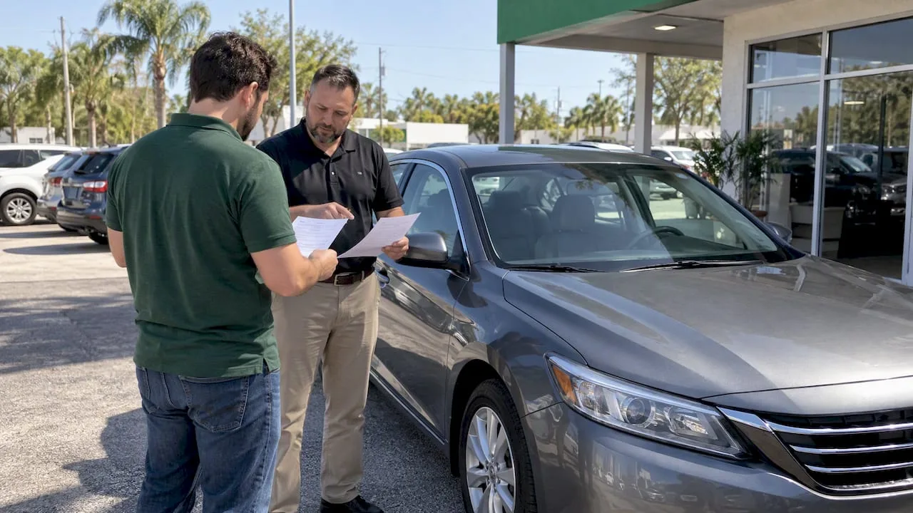 Buyer comparing financing offers beside used car