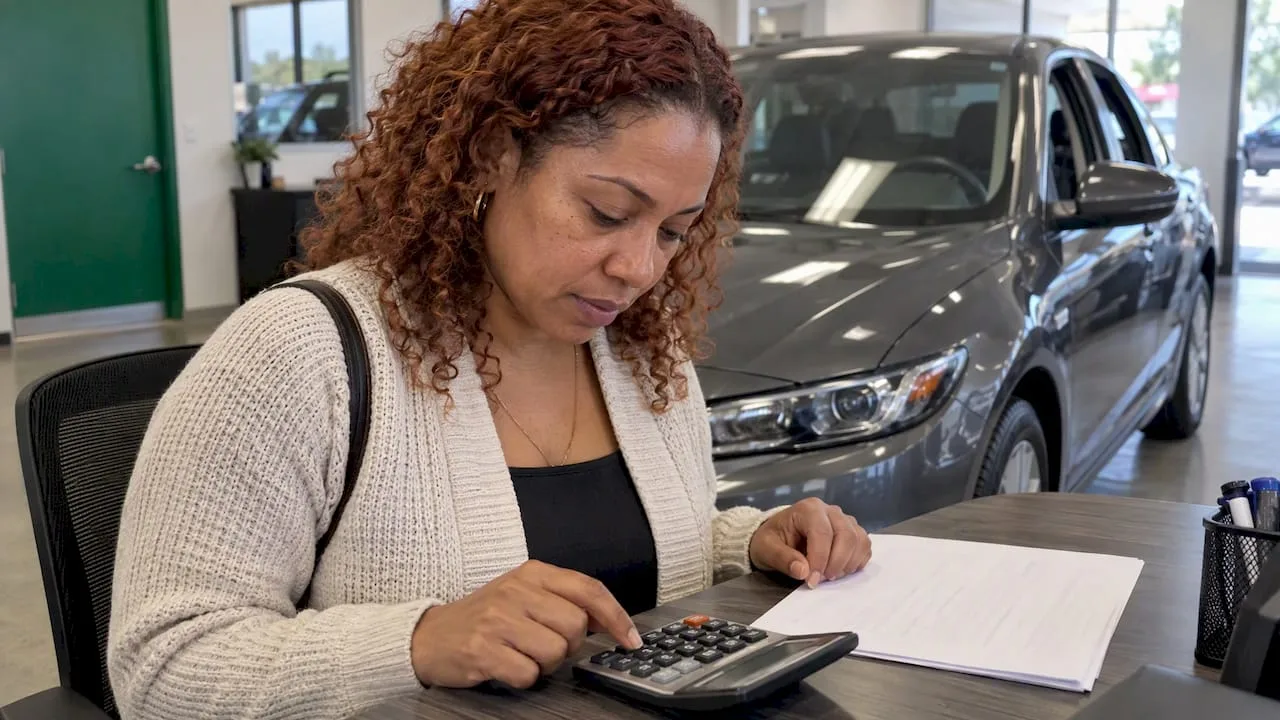 Buyer comparing payment figures beside a used car