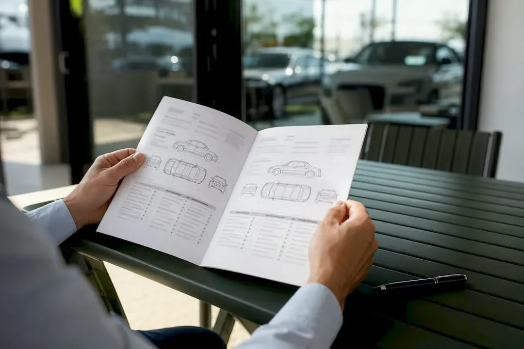 Hands holding vehicle inspection report booklet