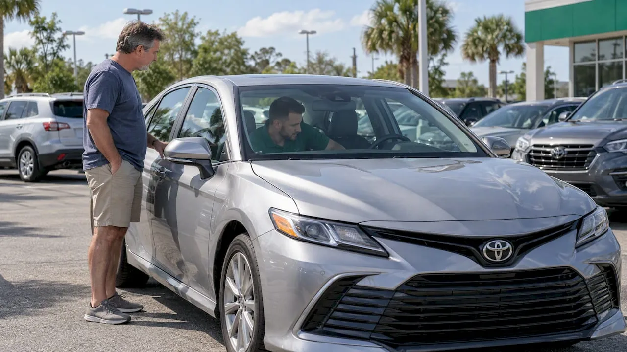 Seller reviewing sedan mileage with dealership employee